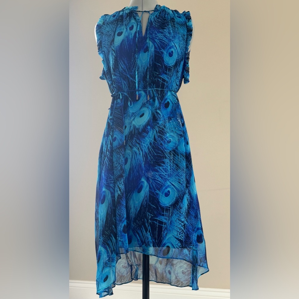 Elie Tahari Blue Silk Peacock Print Dress Size L Ruffle Sleeve Lined
